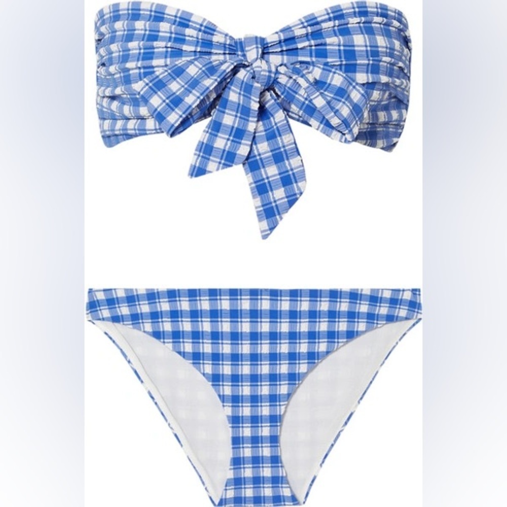 Ganni JEWETT BOW-DETAILED GINGHAM SEERSUCKER Bikini